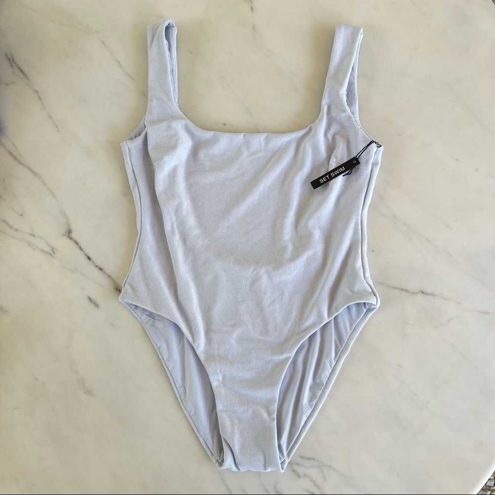 NWT SET Active Swim Unreleased - Terry Blue Scoop One Piece Bathing Suit Small